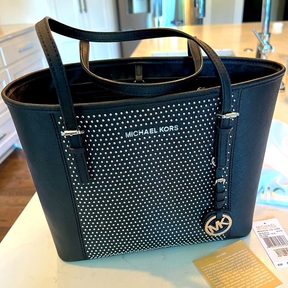 Michael Kors Microstud center stripe black small travel tote. Leather 30F4SJDT1L